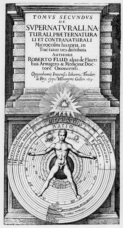 Mikrokosmos og makrokosmos - Allegorisk representasjon av menneskets posisjon i universet (mennesket av vitruva): forholdet mellom mennesket (mikrokosmos) og makrokosmos symboliserer ved sfærene til solen, månen og planetene, forskjellige temperamenter og  av Unknown artist