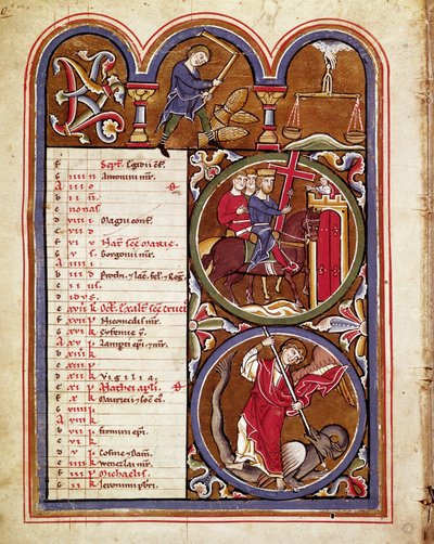 September måned, jordbruksarbeid (høster, tresking av hveten med en blomst), festen for korsets opphøyelse, St. George beseiret dragen Manuskriptside hentet fra "" The psalter of Saint Elizabeth""" 1200-tallet Cividale, Mus av Unknown artist