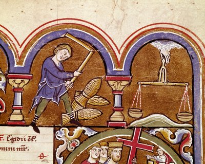 September måned, jordbruksarbeid, høsting, tresking av hvete med en blomst Detalj av en manuskriptside hentet fra "" The Psalter of Saint Elizabeth"" Cividale fra 1200-tallet, Museo Archeologico av Unknown artist