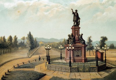 "" Monumentet til navigatøren Christopher Columbus (Cristoforo Colombo, Cristobal Colon) (1451-1506) på Paso de la Reforma i Mexico City, Mexico. Kromolitografi av 1885 av Unknown artist
