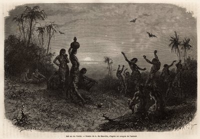 Måneskinnsballen, som avslutter 18-årsjubileumsseremonien og bryllupet til en ung indisk mann fra Rio Verde (Brasil). Gravering for å illustrere reisen til New Granada, av Dr. Saffray, i 1869, publisert i "" Le tour du monde""" 1873, redigert av av Unknown artist