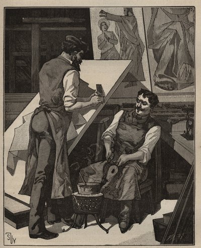 Mosaikken: mosaikkverksted. Gravering fra 1885 i "" Les arts et metiers illustres"" av Adolphe BITARD. av Unknown artist