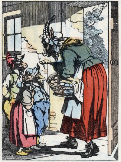 The mother goat leaves for the walk and warns her biquets. Illustration of the tale “Compere le Loup, Maitre Renard, Comere la Chevre et ses petits biquets”” after a fable by Jean de la Fontaine. In “” Tales from the home for the little ones””. Anonymous e av Unknown artist