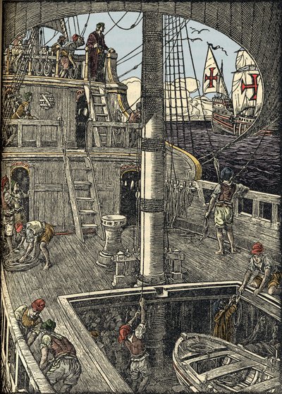 Navigatøren Christopher Columbus (1451-1506) ombord på karavellen sin. av Unknown artist