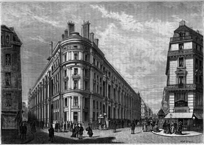 Det nye Hotel des Postes på Rue du Louvre i Paris etter gjenoppbyggingen. Gravering i journalen ""Ungdom"" av Unknown artist