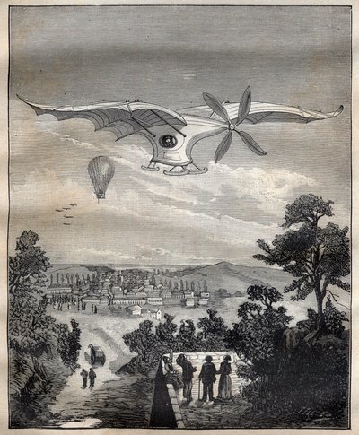 De nye aerostatene: fuglen til Clement Ader (1841-1925), Eole, under et eksperiment i parken til Eugene Pereire nær Paris i 1891, ville den ha fløyet 15 m over bakken - Gravering i "La Science francaise" av Unknown artist