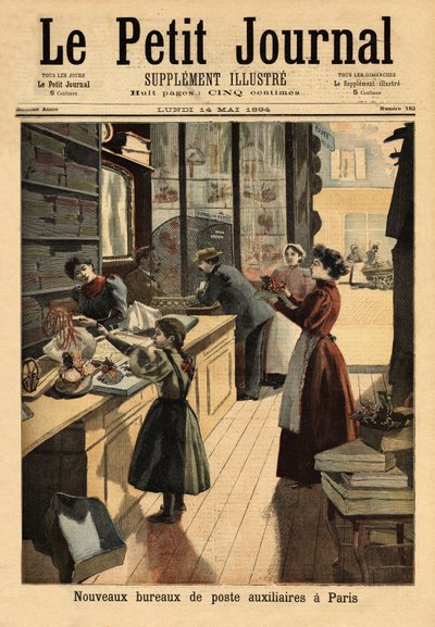 De nye hjelpepostkontorene i Paris åpner noen forhandlere en postskranke parallelt med deres kommersielle aktiviteter. Gravering i "" Le petit journal"" 14.05.1894. Selvas samling. av Unknown artist