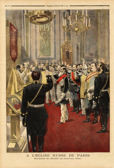 Troskapseden til den nye tsaren Nicholas II (1868-1918), i katedralen Saint Alexandre Nevsky, rue Daru, Paris. Gravering i "" Le petit journal"" 18/11/1894. Selvas samling. av Unknown artist