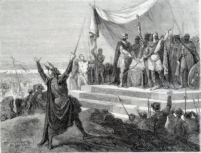 Eden til de to brødrene før deres rustning: Karl II den skallede og Ludvig II den germanske avlegger eden mot Lothaire I (Eden fra Strasbourg 842). Gravering av 1800-tallet. av Unknown artist