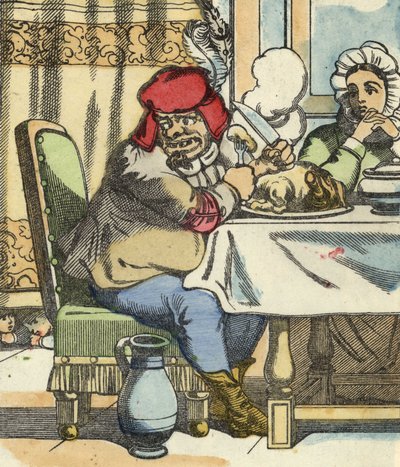 Ogre ved bordet, føler nærværet til lille Poucet og hans brødre. Illustrasjon av historien "" Le Pepetit Poucet"" av Charles Perrault av Unknown artist
