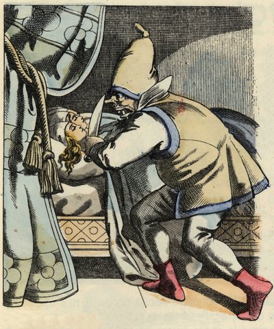 Trolden kutter hodet til de syv døtrene sine og tenker på å drepe den lille Poulet og brødrene hans. Illustrasjon av historien "" Le Petite Poucet"" av Charles Perrault av Unknown artist