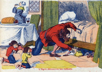Ogre oppdager barna. Illustrasjon for "" Le Pepetit poucet"", fortelling av Charles Perrault (1628-1703), fransk forfatter. Anonym illustrasjon. Bilder Marcel Vagne, Jarville Nancy, udatert (slutten av 1800-tallet). av Unknown artist