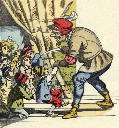 The ogre takes a child with the intention of devouring her. Illustration of the tale “” Le Pepetit Poucet”” by Charles Perrault av Unknown artist