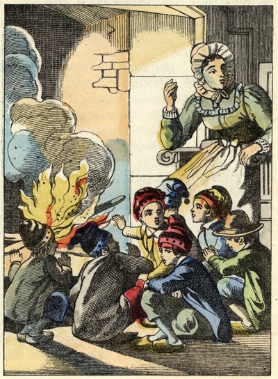 Troldens kone varmer opp den lille poucet og brødrene hans med bål. Illustrasjon av historien "" Le Pepetit Poucet"" av Charles Perrault av Unknown artist