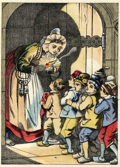 Ogres kone åpner døren til den lille poucet og brødrene hans. Illustrasjon av historien "" Le Pepetit Poucet"" av Charles Perrault av Unknown artist