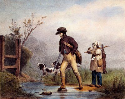Passasjen har jegere som krysser et vassdrag til fots. Litografi av 1800-tallets Gien, jaktmuseum av Unknown artist