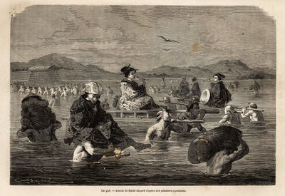 Passasjen til en gjest, med presentasjon av modusene for å frakte passasjerer og bagasje. Gravering for å illustrere reisen til Japan, i 1863-1864, av Aime Humbert, minister for det sveitsiske konføderasjonen, i "" Le tour du monde, nouveau journal des voy av Unknown artist