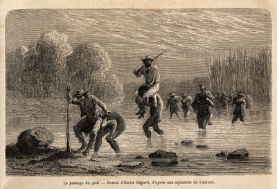 Passasjen til gue, Siriniris-indianerne, foreslår spontant å videreføre ekspedisjonens medlemmer for å få dem til å krysse dammene dannet ved foten av Mount Basiri (Peru). Gravering pour illustrrer le voyage dans les vall av Unknown artist