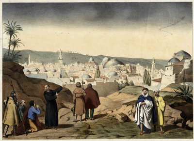 The pelerins arrive at the city of Jerusalem. Anonymous engraving from the middle of the 19th century - in “” Grand Catechism of Families””. av Unknown artist