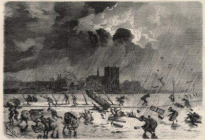 Bryggen på hjørnet av Saint Michel-broen (Saint-Michel) i Paris under orkanen 8. mars. Gravering i «The Universe illustrious» av Unknown artist