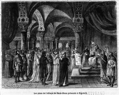 Planene til klosteret Saint-Denis presentert for Dagobert I - i "" Histoire de France"" av Henri Martin, sd. 1800-tallet av Unknown artist