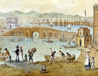 Havnen i Napoli og Santa Lucia rundt 1800: reisende forbereder seg på å reise og snekkere bygger en båt. Akvarell. av Unknown artist