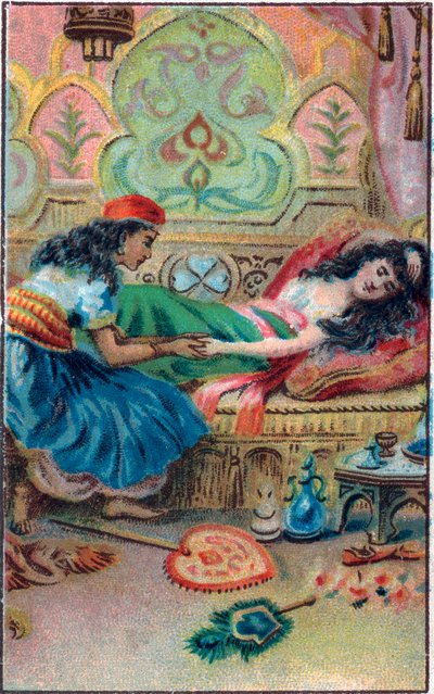 Prinsessefakta. Fortellingen "" Historien om den fortryllede hesten"" i "De tusen og en natt" (de 1001 nettene eller Le mille e una notte, Arabian Nights). Kromolitografi fra slutten av 1800-tallet. av Unknown artist