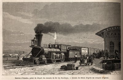 Jernbanen har Omaha Station (Nebraska), startpunktet for linjene som fører til Stillehavet. Gravering for illustrasjon av turen til det amerikanske fjerne vesten, av M. L. Simonin, i 1867, publisert i "Le tour du monde, nouveau journal des voyages"", redig av Unknown artist