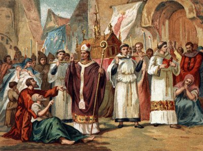 The relics of Sainte Genevieve (422-502), patron saint of Paris, are transported across the streets of Paris. Chromolithography around 1890. av Unknown artist
