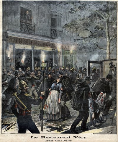Restauranten Very (24 Boulevard Magenta i Paris) etter eksplosjonen forårsaket av angrepet av anarkisten Francois Koenigstein dit Ravachol (1859 - 1892) 30. mars 1892. I "" The Petity Journal" av Unknown artist