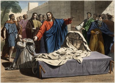 The resurrection of the son of the widow of Naim: Jesus Christ resurrects the only son of the widow. Engraving from the middle of the 19th century. av Unknown artist