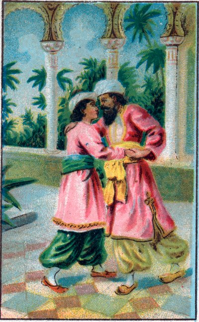 Prinsens retur. Fortelling "" Historien om den fortryllede hesten""" i "" De tusen og en natt""" (de 1001 nettene eller Le mille e una notte, Arabian Nights). Kromolitografi fra slutten av 1800-tallet. av Unknown artist