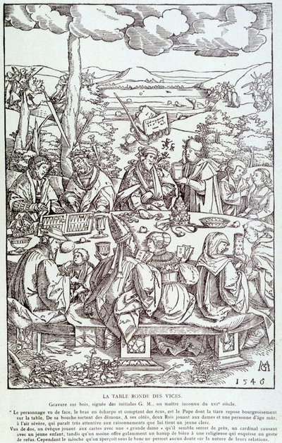 Det runde bordet med laster: lek, grådighet, begjær, stolthet... - Gravering 1546 av Unknown artist