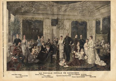 Kongefamilien i Danmark, som sitter i sentrum, dronning Louise av Hessen-Kassel (1817-1898) og kong Christian IX av Danmark (1818-1906) fikk kallenavnet "Europas kjekke far" fordi han giftet flere av barna sine med arvinger av den store kongelige f av Unknown artist