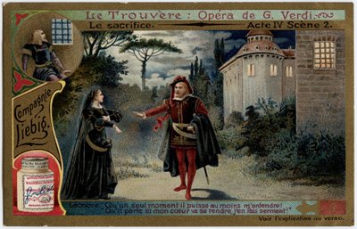 Offerakten IV scene 2. Illustrasjon til operaen "" Funnet"" (Il trovatore) av Giuseppe Verdi (1813-1901). Kromolitografi (Chromo) Liebig fra slutten av 1800-tallet. av Unknown artist