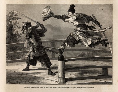 Samuraien Yashitsune i balanse på barrieren til en bro, angriper en samurai i rustning. Gravering for å illustrere reisen til Japan, i 1863-1864, av Aime Humbert, minister for det sveitsiske konføderasjonen, i "" Le tour du monde, nouveau journal des voyag av Unknown artist