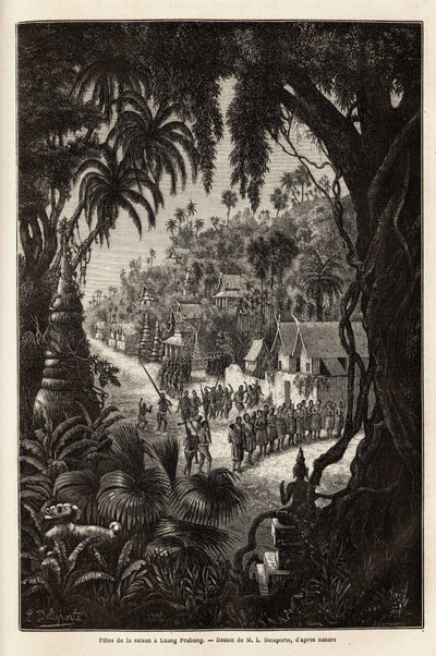 Sesongfeiringen i Luang Prabang, den kongelige hovedstaden i Lan Xang (riket av millionelefantene) (dagens Laos), bestående av en prosesjon av innbyggerne og en pagode for tilbedelse gjennom hele byen. Gravering for å illustrere en oppdagelsesreise av Unknown artist