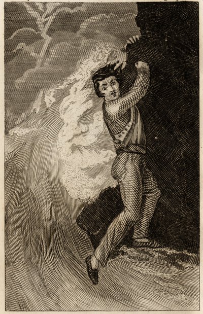 Forliset til Robinson Crusoe, gravering innsatt i "The adventures of Robinson Crusoe" av Daniel Defoe (1660-1731), edition la librairie d'education, Paris 1838. Selvas samling. av Unknown artist