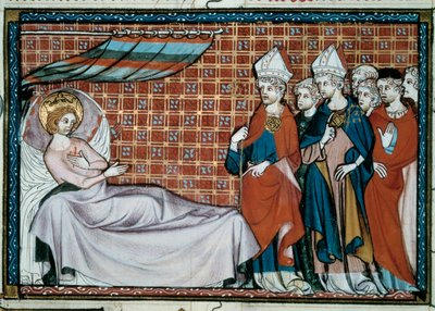 Den syke kongen av Frankrike Saint Louis (Louis IX) (1214-1270) henvender seg til sine slektninger og presteskapet. Miniatyr fra et manuskript "Life and Miracles of Saint Louis" av William av Saint Pathus av Unknown artist