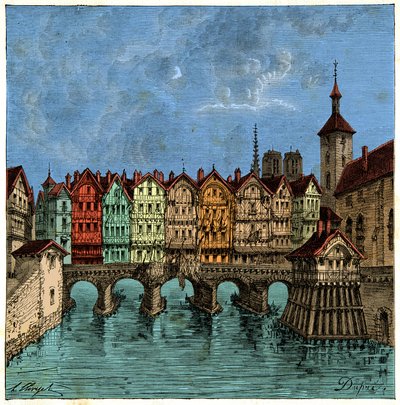 Den lille broen som senere var Pont au Change i Paris i middelalderen, gravering 1800-tallet av Unknown artist