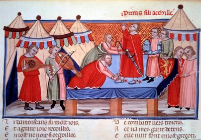 Mykgjøringen av Pyrrhus, sønn av Akilles. Miniatyr hentet fra "" Le roman de Troie"" av Benoit de Sainte-Maure (sent på 1100-tallet), realiserte en normannisk poet rundt 1160-1170 for Alienor d