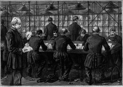 The sorting of correspondence in an office of the Hotel des Postes in the Rue du Louvre in Paris. Engraving in the journal “” La jeunesse”” av Unknown artist