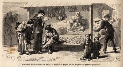 Stempelet til en halmskoforhandler, med forskjellige kunder, en kvinne som prøver et par med vennene sine, og en far som tar seg av barnet sitt. Gravering for å illustrere reisen til Japan, i 1863-1864, av Aime Humbert, minister for det sveitsiske konføder av Unknown artist