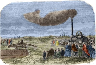 Dampavløpet oppfunnet av Albert Fry (1830? -1903) og John Fowler (1826-1864) under en mekanisk dreneringsoperasjon nær Versailles. Gravering fra 1856. i "" The Museum of Sciences"" av Unknown artist