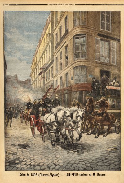 Damppumpen og kjøretøyene til brannmennene i Paris, ifølge et maleri av Mr. Busson. Gravering i "" Le petit journal"" 3/05/1896. Selvas samling. av Unknown artist