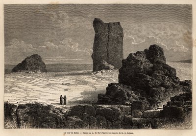 Ruinene av Birs Nimroud med butikkfront, som turistsamfunnet i Bagdad (Irak) på den tiden, identifiserer som Babels mytiske tårn. Engravure pour illustrrer le voyage dans la Babylon, en 1866, av Guillaume Lejean, i "Le tour du monde, nouveau j av Unknown artist