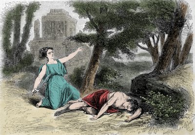 Selvmordet til Pyramus (Pirame) under mureren og Thisbes død. Overbevist om at løvinnen hadde fortæret Thisbe, ga Pyramus seg selv døden og dekket de hvite skikkene med blodet hennes. Thisbe, som gjemmer seg for å unnslippe løven, finner kjærligheten død o av Unknown artist