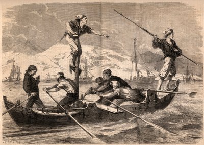 Sverdfisken harpunfiske (pesce spada, sverdfisk) på kysten av Sicilia i Italia i 1862. Gravering i “Le Monde illustrious”” fra 1862. Privat samling. av Unknown artist