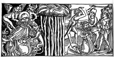 Fristelsene til Saint Anthony the Great (eller Saint Anthony the Eremit eller Saint Anthony the Abbe), og til høyre hans martyrdød etter. Gravering fra «Leben der Heiligen - sommerteil» (Helgenboken) av Jacobus (James) fra Voragine (1228-1298). L av Unknown artist