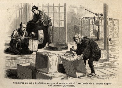 Handelen med te: engros- og detaljhandel. Gravering for å illustrere reisen til Japan, av Aime Humbert, minister for det sveitsiske konføderasjonen, i 1863-1864, publisert i "" Le tour du monde""" 1869, redigert av Edouard Charton, utgave Hachette, Par av Unknown artist